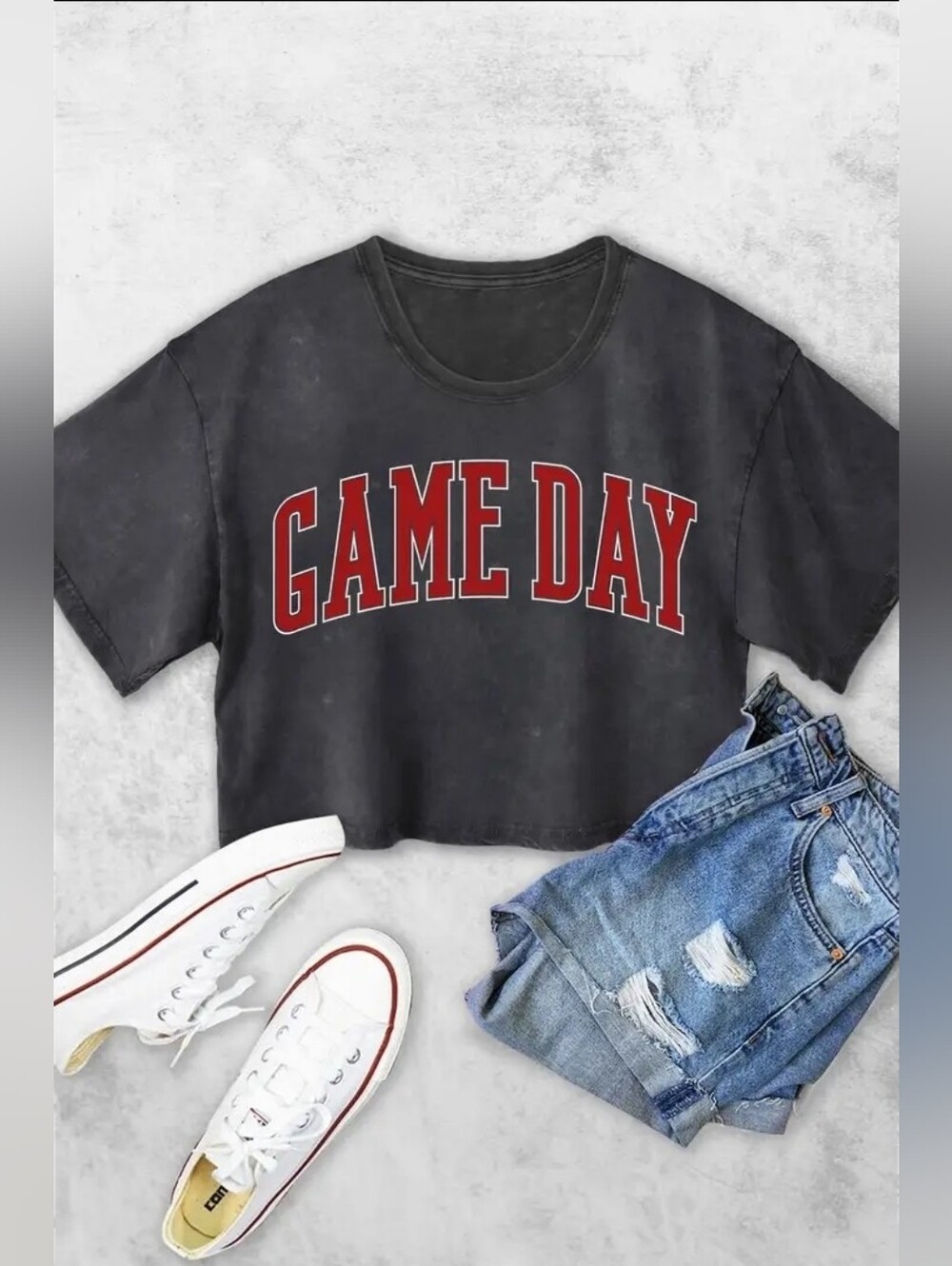 Game Day Cropped Tee - Charcoal with Red Lettering
